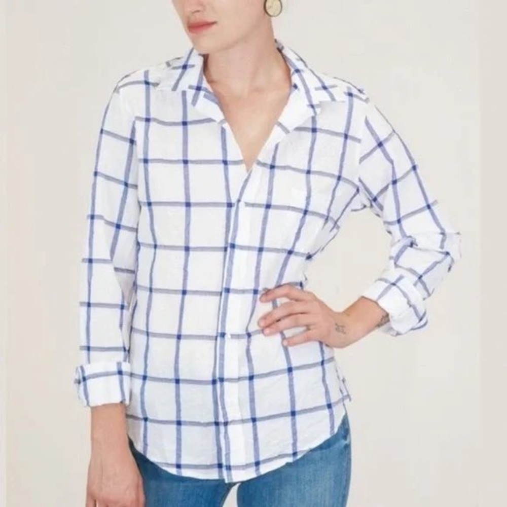 Frank &‎ Eileen Barry Blue White Windowpane Check Cotton Button Down Shirt XS